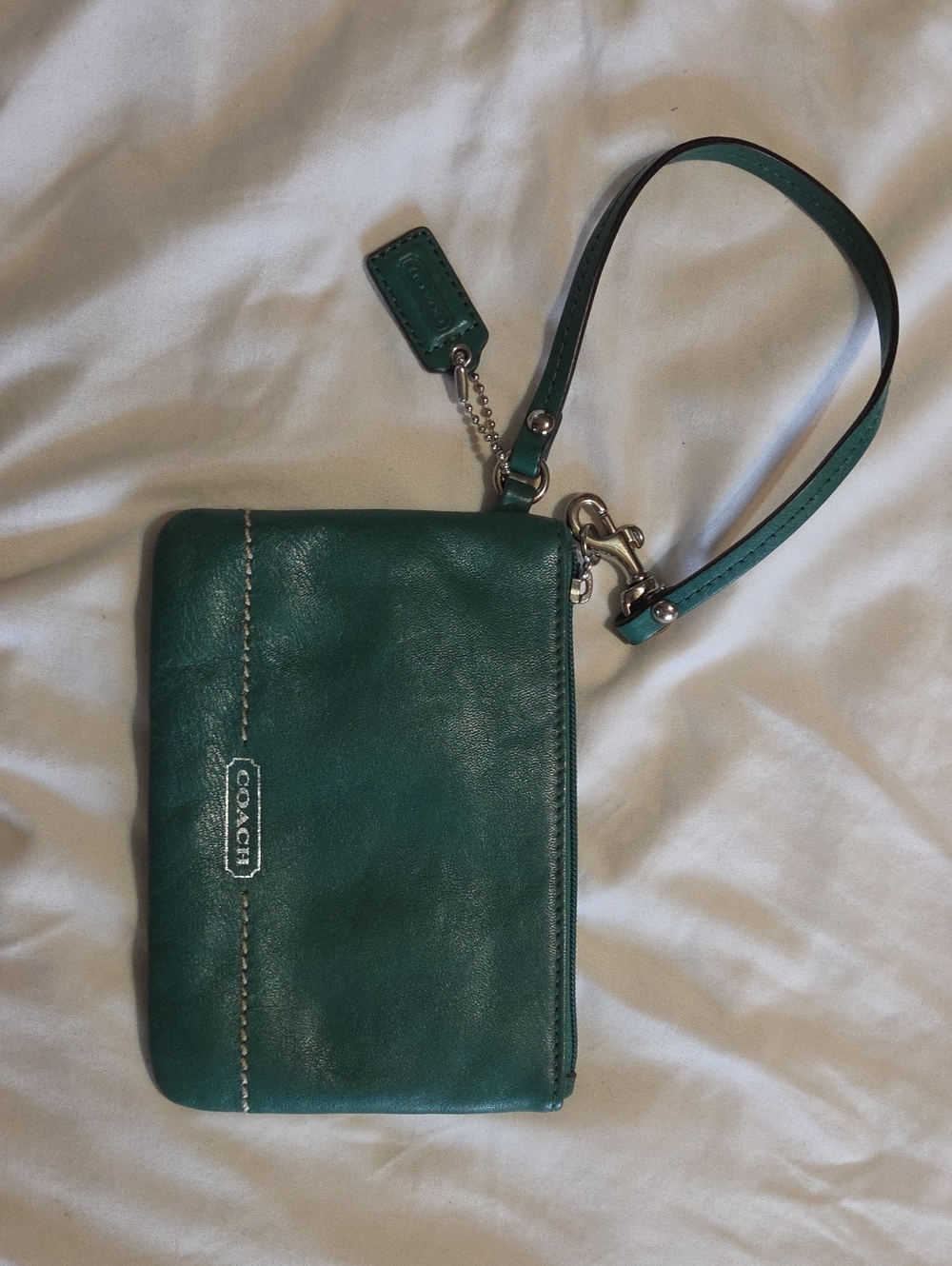 Coach Green Leather Wristlet with Detachable Strap.